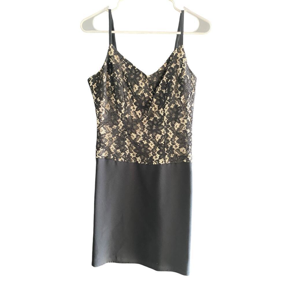 CAROLE LITTLE PETITE Black Tan Beaded Floral Lace Sleeveless Shift Mini Dress 2 - Picture 1 of 4